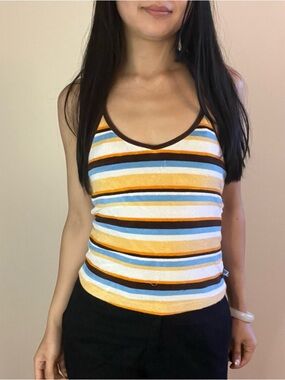 Striped Scoop Tank Top in Yellow, Light Blue & Brown